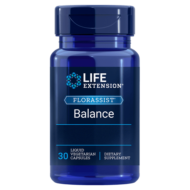 A close-up of Life Extension FLORASSIST Balance probiotic capsules showcasing their vegetarian capsule form and detailed label with probiotic strains and CFU information