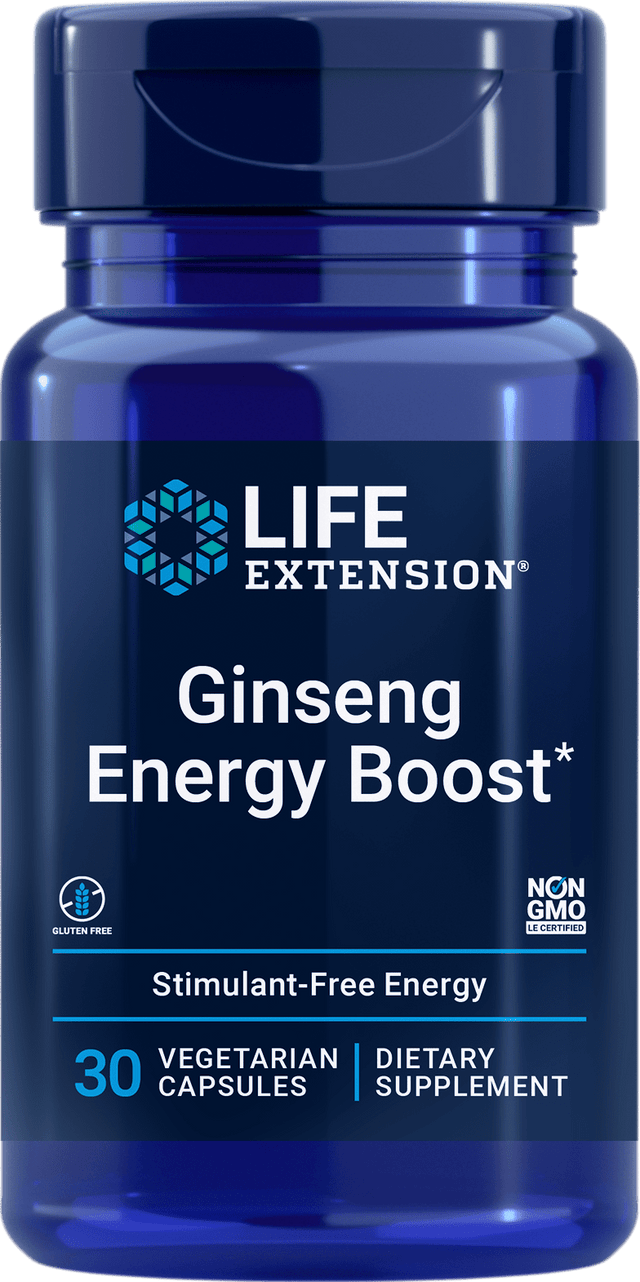 A close-up of a container of Life Extension Ginseng Energy Boost capsules, highlighting the product label with fermented Panax ginseng extract, set against a neutral background