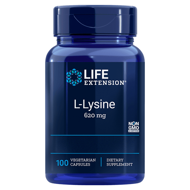 A close-up of a bottle of Life Extension L-Lysine capsules, showing the label and 100 vegetarian capsules inside a clear container, highlighting the dietary supplement's packaging and capsules