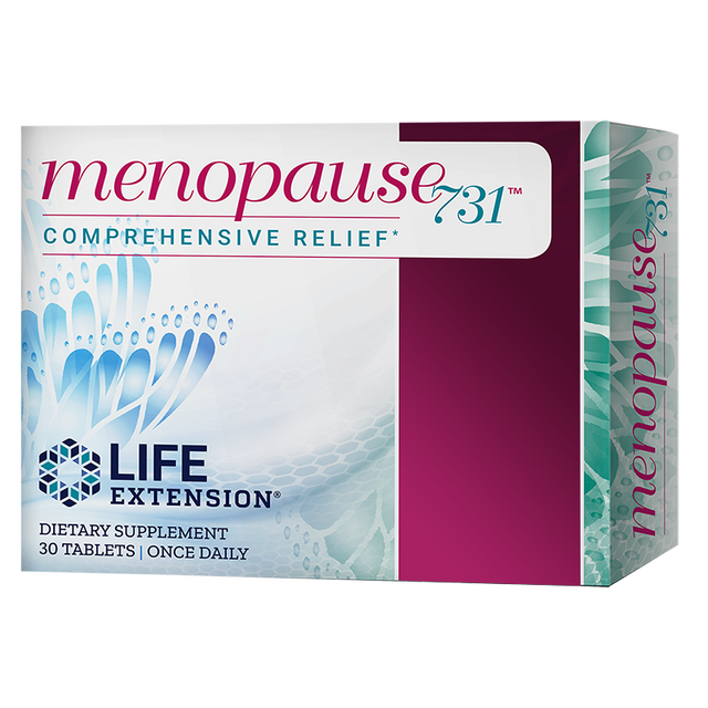 Image of Life Extension Menopause 731, 30 Tablets showing a bottle with tablets containing ERr 731® Siberian rhubarb extract to help alleviate menopausal discomforts naturally without estrogen