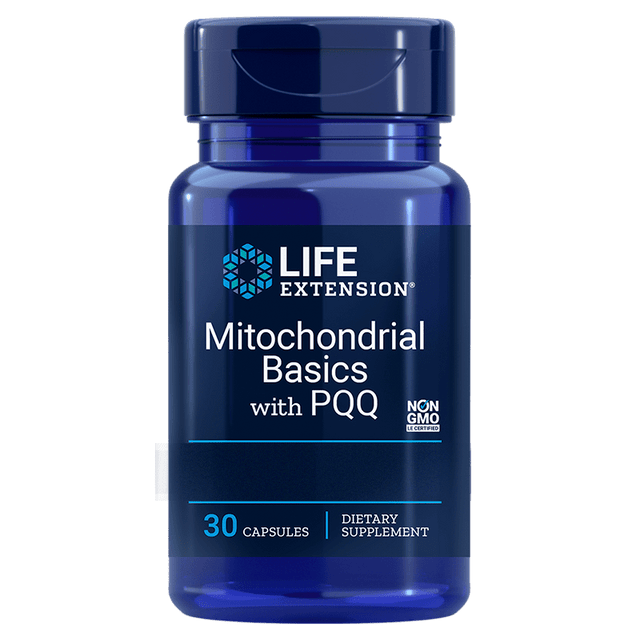 A close-up image of a bottle of Life Extension Mitochondrial Basics with BioPQQ capsules, highlighting the product label and 30 capsules contained inside, emphasizing its focus on supporting mitochondrial health and cellular energy production