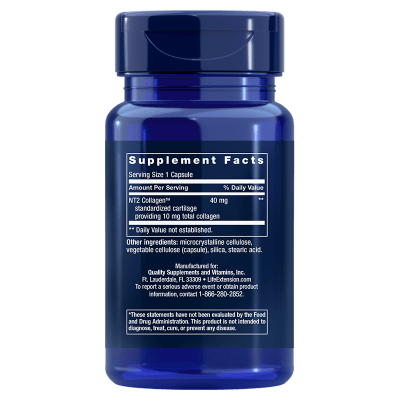 Close-up of Life Extension NT2 Collagen capsule showing label with supplement details and ingredients