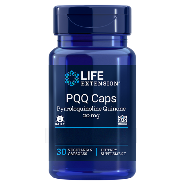 A close-up image of Life Extension PQQ Caps- 20 mg, 30 capsules, showing the capsule bottles with clear label and capsules inside, highlighting their role in supporting mitochondrial health and energy production