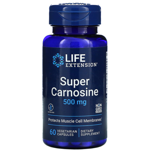 A bottle of Life Extension Super Carnosine capsules with detailed label including ingredients and supplement information