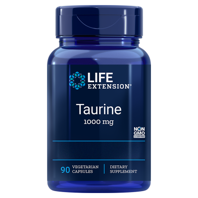A bottle of Life Extension Taurine 1000mg capsules alongside a glass of water, highlighting the supplement's benefits for eye, cardiovascular, liver, and cognitive health