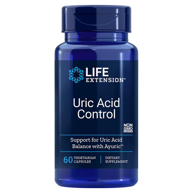 A bottle of Life Extension Uric Acid Control capsules alongside fresh Terminalia bellerica fruit, illustrating the supplement's natural tannin-rich extract for supporting healthy uric acid levels