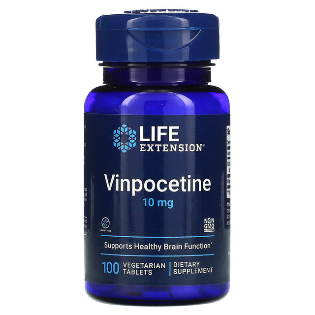 A bottle of Life Extension Vinpocetine 10mg tablets alongside the packaging, highlighting the supplement's role in supporting memory and cognitive function
