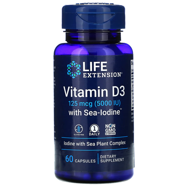 A bottle of Life Extension Vitamin D3 with Sea-Iodine capsules displaying the product label and capsule packaging