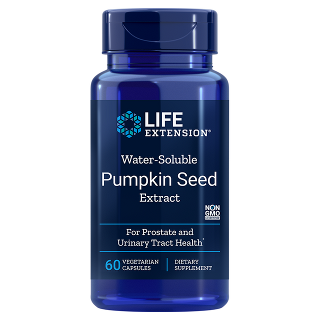 Image depicting Life Extension Water-Soluble Pumpkin Seed Extract capsules, a dietary supplement for supporting healthy bladder and kidney function, featuring 60 vegetarian capsules with detailed ingredient information and usage instructions