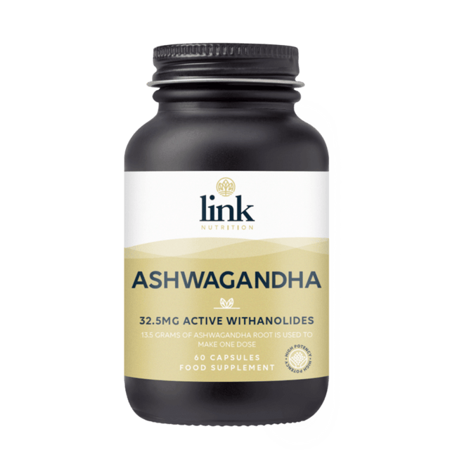 A bottle of Link Nutrition Ashwagandha capsules containing 60 high-strength capsules formulated with KSM-66®, extract, and raw powder for maximum health benefits