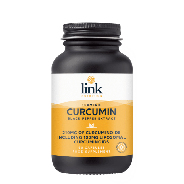 A bottle of Link Nutrition Curcumin capsules showcasing the supplement's packaging and label with detailed product information, including active ingredients, dosage, and benefits of liposomal curcumin with black pepper extract for enhanced bioavailability