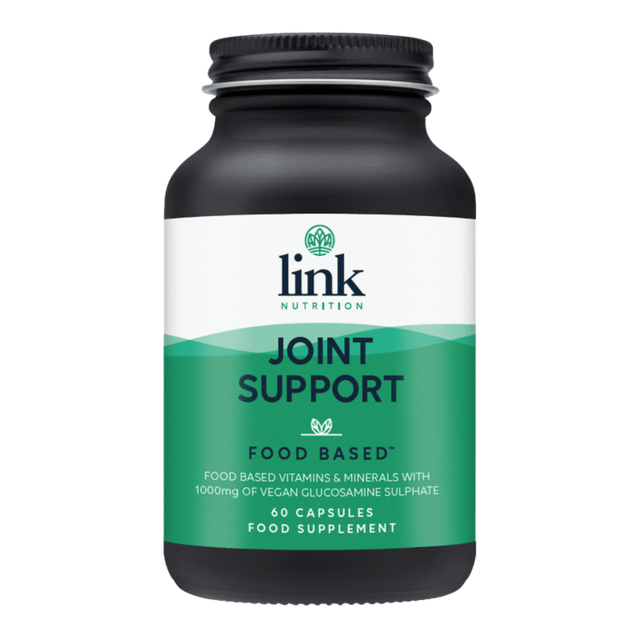 A detailed image of Link Nutrition Joint Support capsules featuring a bottle of 60 vegan capsules containing a food-based blend of glucosamine sulphate, turmeric, ginger, boswelia extract, reishi mushroom, vitamins C and D, copper, manganese, and other nutrients designed to promote joint, cartilage, and bone health for active individuals