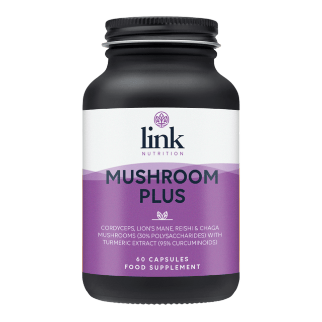 A close-up of Link Nutrition Mushroom Plus capsules containing reishi, chaga, cordyceps, lion’s mane, turmeric, and black pepper extract, highlighting their high extract ratios and bioactive compounds for supporting health and wellness