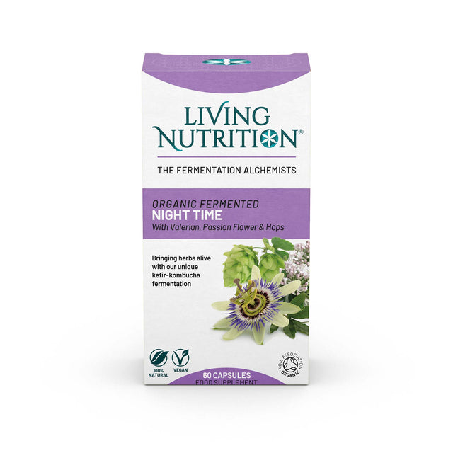 A close-up of the Organic Fermented Night Time capsules, showing their organic herbal ingredients and packaging for restful sleep support