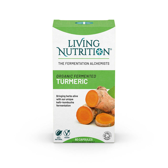 Image of Living Nutrition Organic Fermented Turmeric 60Caps supplement capsules, showcasing the fermented turmeric root and capsules in a natural setting, highlighting the product's organic, fermented, and bio-available turmeric content for enhanced health benefits