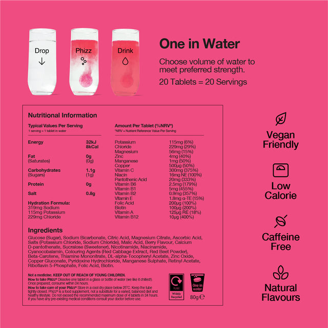 Phizz Mixed Berry 3-in-1 Hydration, Electrolytes and Vitamins Effervescent,  20 Tablets