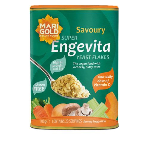 A package of Marigold Health Foods Super Engevita Yeast Flakes, 125g, showcasing gluten-free, vegan-friendly dried inactive yeast rich in vitamin D, B vitamins, and zinc, grown on fortified molasses under controlled conditions
