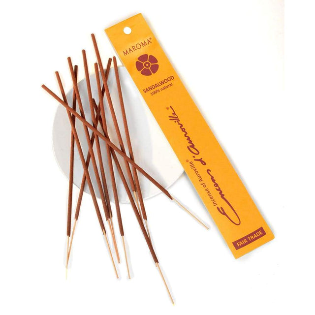 Sandalwood incense sticks from Maroma Encens D'Auroville emitting a woody, forest fragrance to create a serene, fragrant atmosphere using natural ingredients without charcoal or phthalates