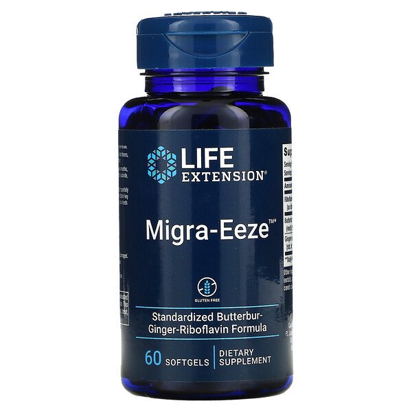 A close-up of Life Extension Migra-Eeze softgels featuring butterbur root extract, ginger, and riboflavin ingredients in a clear container