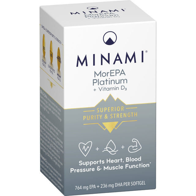 A detailed image of Minami MorEPA Platinum Elite 60 softgel capsules, showcasing their smooth, oval shape and golden colour, designed to promote heart and joint health with high-quality omega-3 fatty acids