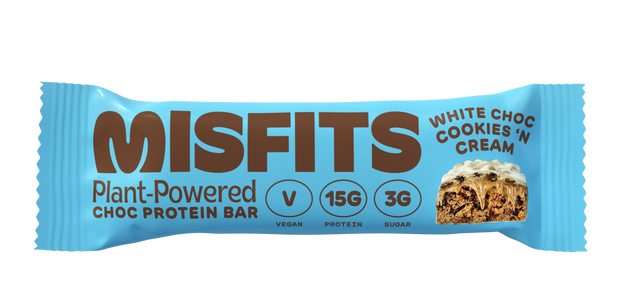 Misfits Vegan White Chocolate Cookies and Cream Protein Bar,  45gr