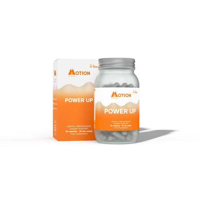 A close-up of the Motion Nutrition Power Up bottle showing the label detailing ingredients and benefits
