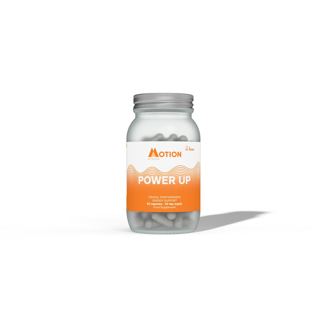 A vibrant illustration highlighting brain health, focus, and energy enhancement associated with Motion Nutrition Power Up supplements
