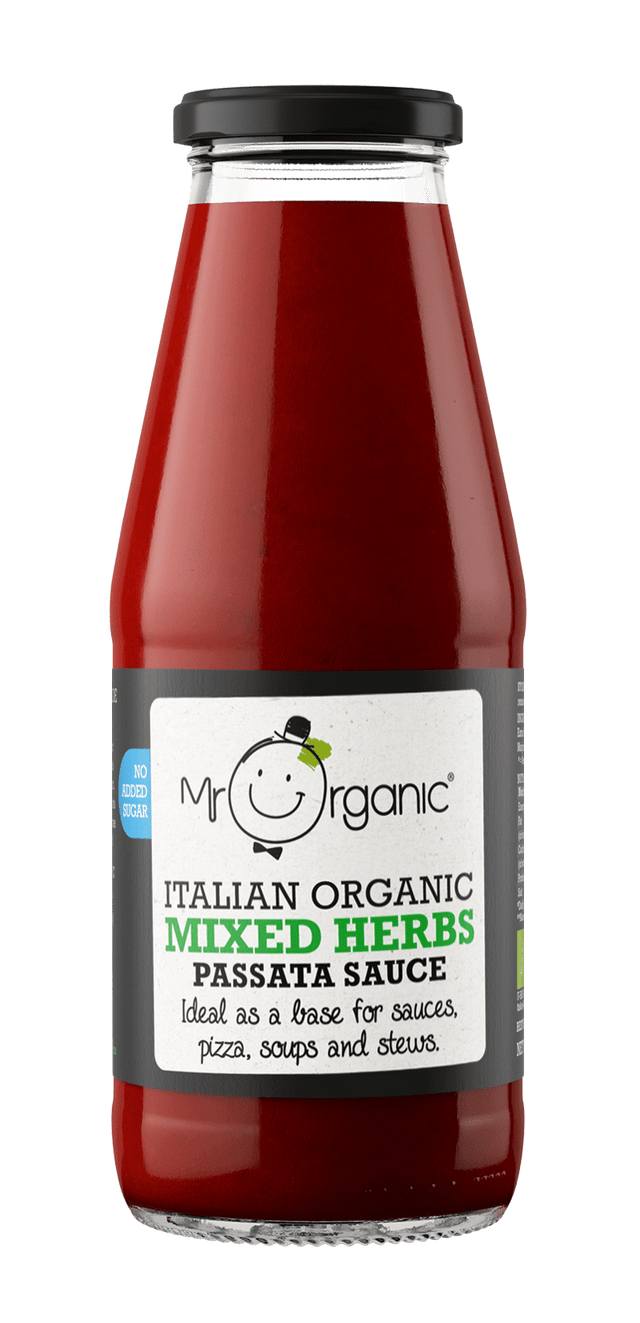 A jar of Mr Organic Mix Herbs Passata Sauce containing organic, sun-ripened tomatoes, blended with herbs, extra-virgin olive oil, garlic, and sea salt, ideal for making sauces, pizzas, soups, and stews, free from added salt or sugar, suitable for vegans and gluten-free