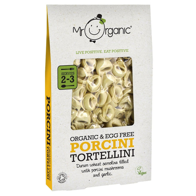 A close-up of Mr Organic Porcini Mushroom Tortellini made with organic durum wheat semolina, filled with porcini mushrooms and garlic, showcasing the delicious, organic pasta ready for cooking