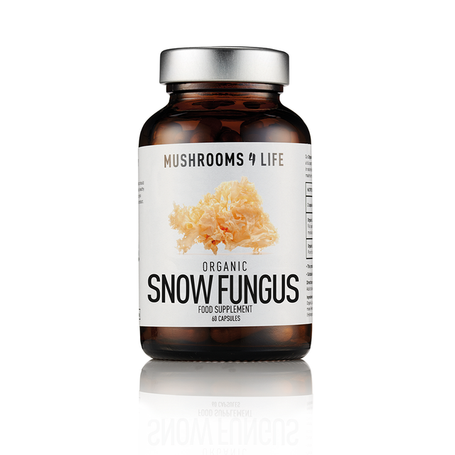 Organic Snow Fungus capsules from Mushrooms 4 Life, sustainably harvested and rich in bio-available polysaccharides for nourishing the brain and enhancing beauty