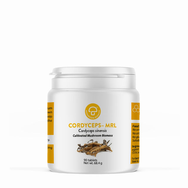 A bottle of Mycology Research Cordyceps MRL 500mg tablets showing the packaging and label details