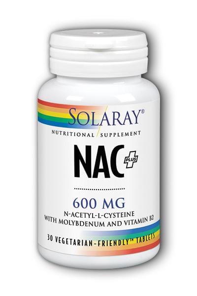 A bottle of Solaray NAC Plus 600mg, containing 30 tablets, with detailed supplement facts label visible