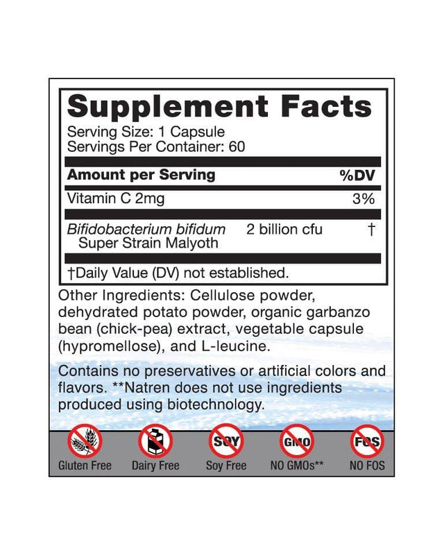 Close-up of the probiotic capsules in a transparent container, highlighting the dairy-free formula and supplement details