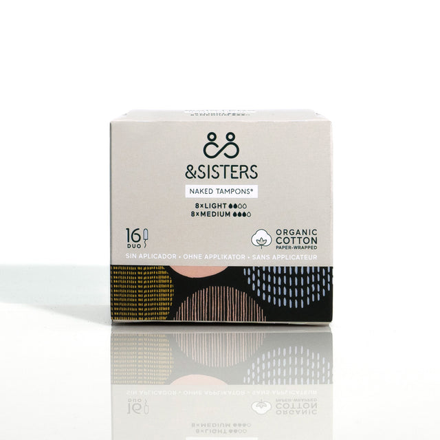 A 16-pack of &Sisters Naked Tampons made from 100% organic, plastic-free, natural cotton, individually paper-wrapped, showcasing eco-friendly, biodegradable, and toxin-free period care designed for comfort and maximum absorbency