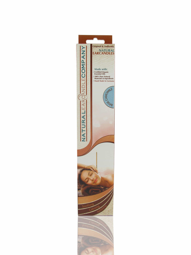 A pair of Natural Ear Candles made with unbleached cotton, beeswax, and organic basil and camomile essential oils, designed for relaxing ear treatments