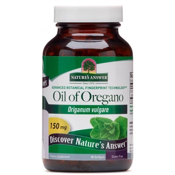 A close-up of Nature’s Answer Oil of Oregano Softgels in a blister pack, showcasing 90 transparent softgel capsules containing pure oregano oil and olive oil, emphasizing their high-quality, holistic formulation for supporting digestive health and overall wellbeing
