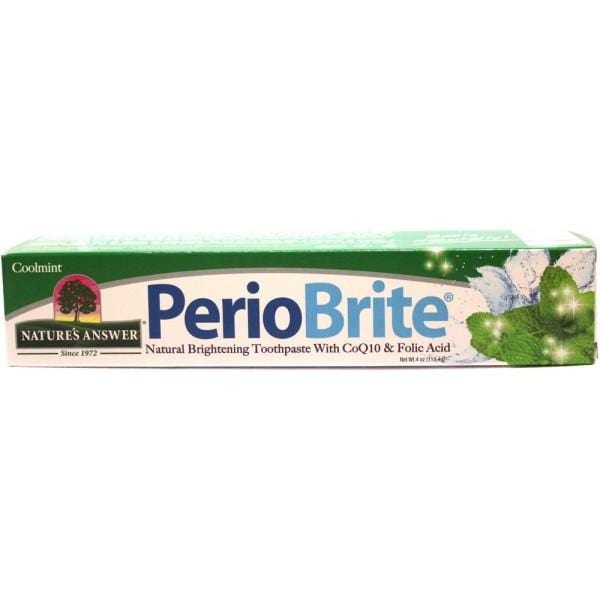 A close-up of Natures Answer Perio Brite Toothpaste tube highlighting its natural ingredients and vibrant packaging