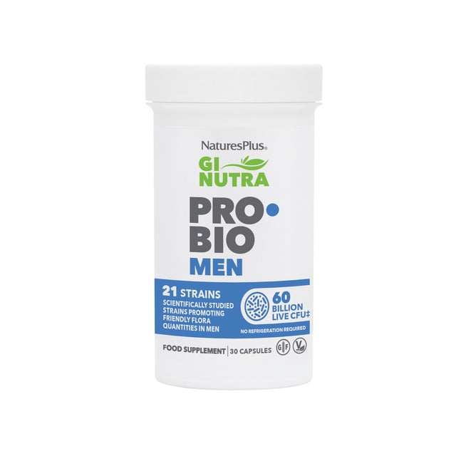 A bottle of Nature's Plus GI Nutra Pro-Bio Men capsules featuring 30 vegetarian capsules, highlighting the high potency formula with 60 billion live beneficial bacteria across 21 scientifically studied probiotic strains, including Lactobacillus reuteri and Bifidobacterium species, along with a prebiotic fibre blend derived from green banana, acacia, and chicory root to support men's gut health and overall wellness
