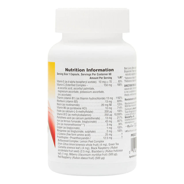 An image displaying the bottle of Nature's Plus Hema-Plex Capsules alongside a variety of nutrient-rich ingredients like berries, green tea, and leafy greens to highlight their comprehensive blood support formula