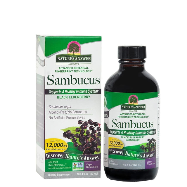 A 120ml bottle of Nature’s Answer Sambucus Black Elderberry syrup with a dropper and fresh elderberries beside it, emphasising its concentrated elderberry extract rich in antioxidants for immune support