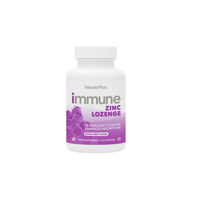 A close-up of Natures Plus Immune Zinc Lozenges package featuring 60 lozenges, highlighting natural ingredients and immune support benefits