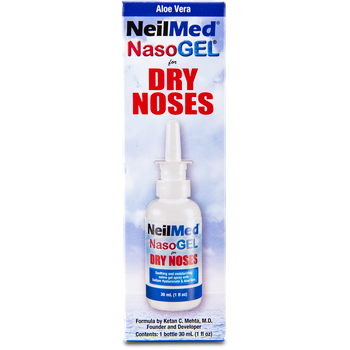 A 30ml NeilMed NasoGel Spray bottle with blue nozzle and label, designed for moisturising dry nasal passages with saline, aloe vera, and sodium hyaluronate to hydrate and lubricate irritated nasal tissues