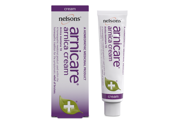 A 50g tube of Nelsons Arnica Cream used for soothing bruises, bumps, and impacts with Arnica montana and natural ingredients