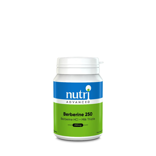 Image of Nutri Advanced Berberine 250 capsules showing a bottle containing 120 capsules, featuring a label that highlights the key ingredients: 250mg Berberine HCl from Berberis aristata and 50mg milk thistle, designed for supporting gut health, microbial balance, and blood sugar regulation