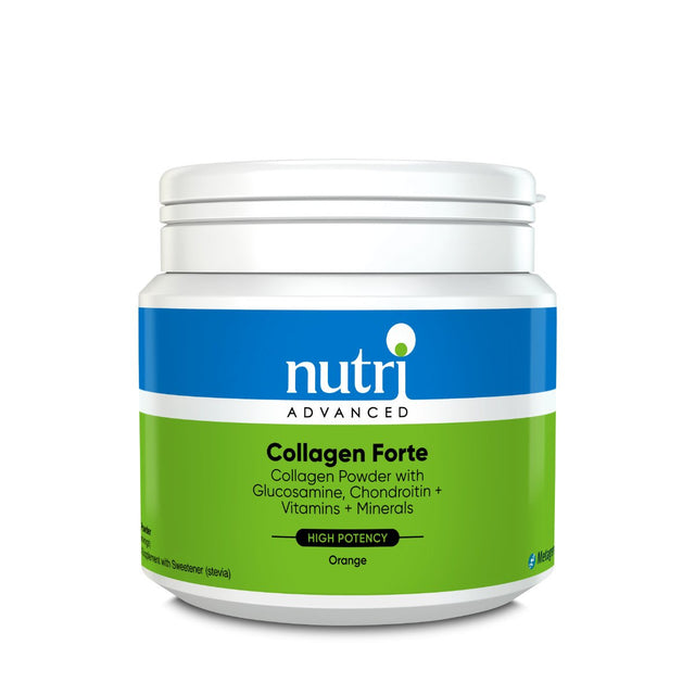 A scoop of Nutri Advanced Collagen Forte powder with orange flavour, featuring collagen hydrolysate, glucosamine, chondroitin, vitamins, minerals, and MSM in a glass of water