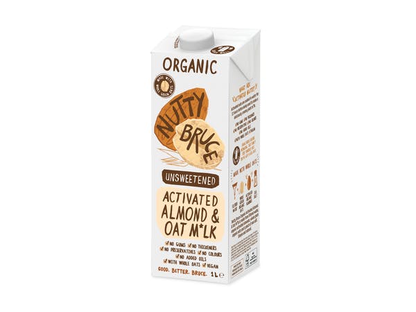 A 1-litre carton of Nutty Bruce Organic Activated Unsweetened Almond and Oat Milk featuring a natural, minimalist design with images of almonds and oats, highlighting its organic and plant-based qualities