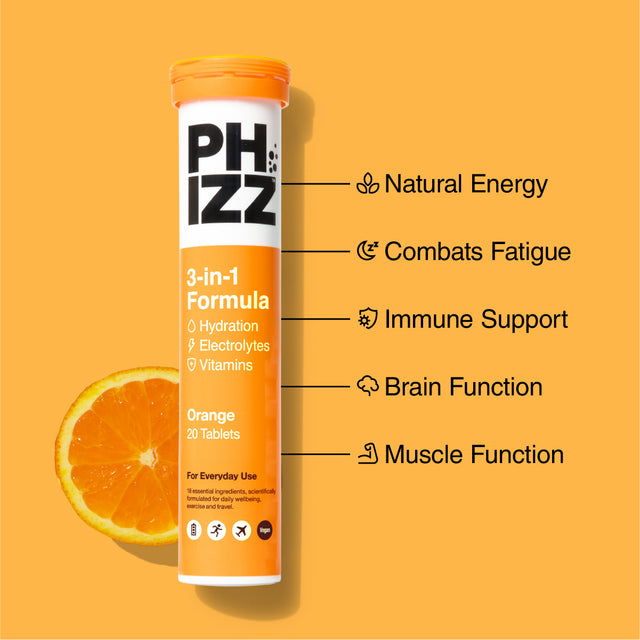 Phizz Orange 3-in-1 Hydration, Electrolytes and Vitamins Effervescent, 20 Tablets