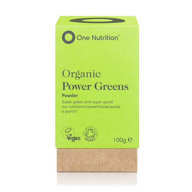 A 100g jar of One Nutrition Power Greens Powder featuring a scoop beside the container, showcasing vibrant green powder made from organic spirulina, wheatgrass, barleygrass, brassicas, and chlorella, designed to boost energy and support training routines