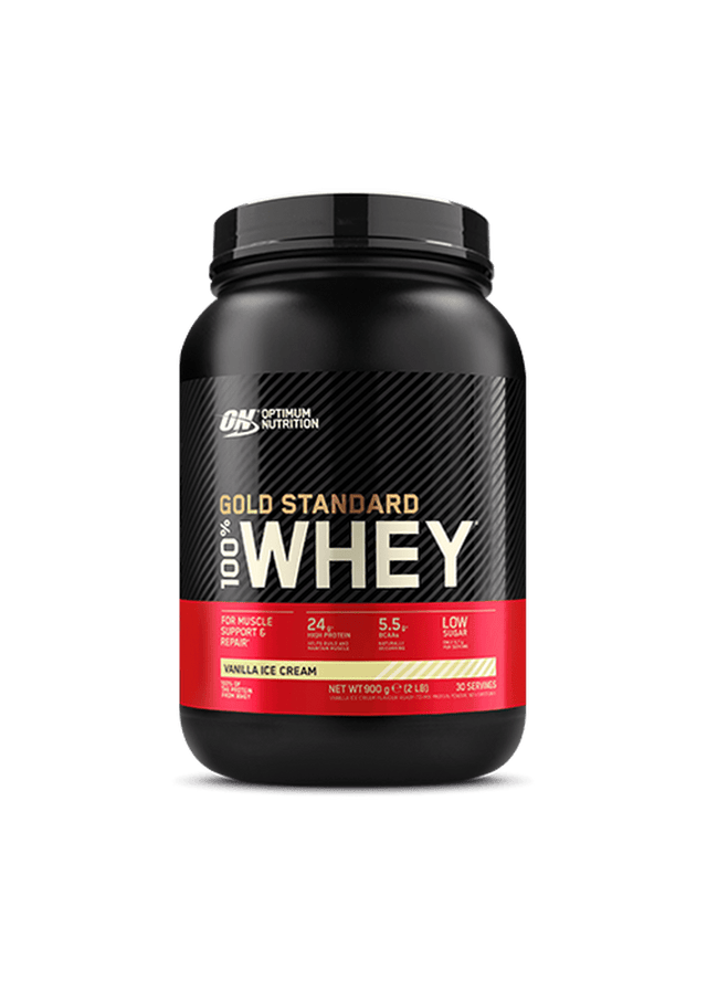 A 900g container of Optimum Nutrition Gold Standard 100% Whey Vanilla Ice Cream protein powder, featuring a scoop of the vanilla-flavoured supplement with a label highlighting 24g of high-quality whey protein, naturally occurring BCAAs, and low sugar content, designed to support muscle growth and recovery