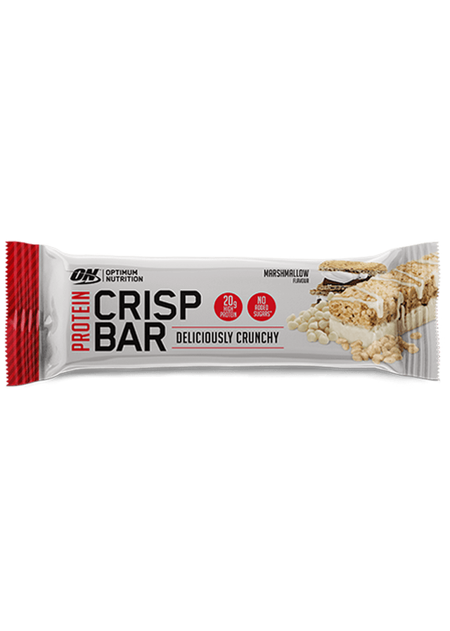 A 65g box of Optimum Nutrition Protein Crisp Bar in marshmallow flavour showing a crunchy, multi-textured protein bar with white chocolate coating, highlighting its high protein content and no added sugars